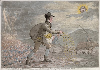 Die Generäle des Patriotismus, oder Der Bloomsbury-Bauer pflanzt Bedfordshire-Weizen, veröffentlicht von Hannah Humphrey im Jahr 1796 von James Gillray