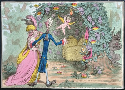 Die Hochzeitslaube mit dem Bösen, der die Reize von Eden beobachtet, veröffentlicht von Hannah Humphrey im Jahr 1797 von James Gillray