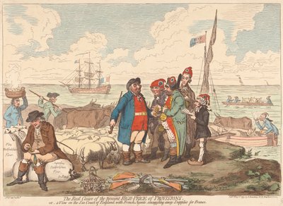 Die wahre Ursache der gegenwärtig hohen Lebensmittelpreise oder Ein Blick auf die englische Meeresküste, wo französische Agenten Vorräte für Frankreich fortschmuggeln von James Gillray