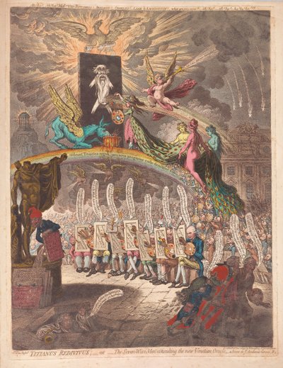 Titianus Redivivus oder die sieben Weisen beraten das neue venezianische Orakel, eine Szene im akademischen Hain Nr. 1 von James Gillray