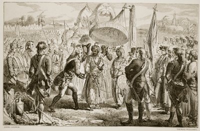 Das Treffen von Lord Clive mit Meer Jaffier nach der Schlacht von Plassey, graviert von Thomas Williams von James Godwin