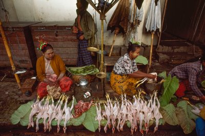 Essensverkäufer mit mit Thanaka dekorierten Gesichtern, gemahlenem Baumrindenpulver. Taunggyi, Burma. von James L Stanfield