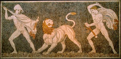 Mosaik, das Alexander den Großen und Hephaestion zeigt, wie sie einen Löwen töten. Pella Archäol... von James L Stanfield