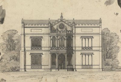 Vorbereitende Zeichnung für Design 21, Platte 19 aus einer Sammlung von Entwürfen für ländliche Rückzugsorte von James Malton