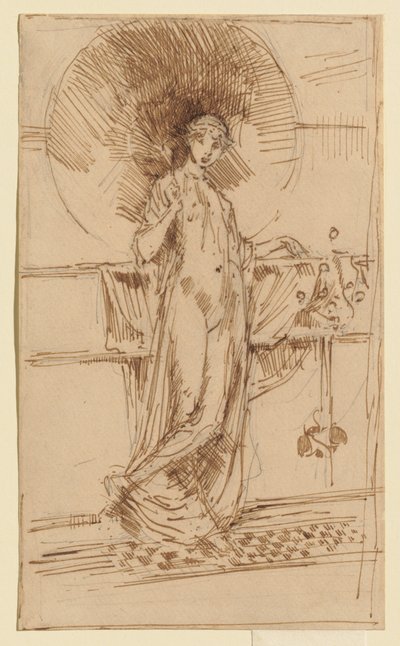 Frau mit Sonnenschirm (Skizze von "Harmonie in Blau und Gold") von James McNeill Whistler