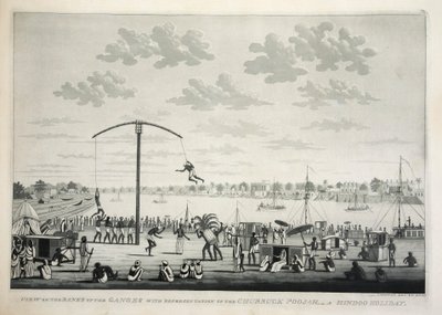 Ansicht der Ufer des Ganges mit Darstellung des Churruck Poojah, veröffentlicht 1810 (Gravur) von James Moffat