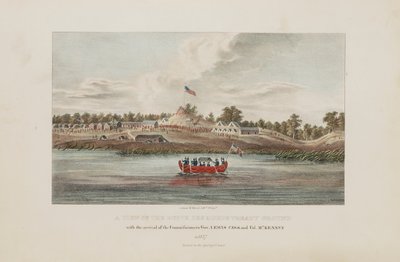 Ansicht des Butte Des Morts Vertragsgeländes; Mit der Ankunft der Kommissare Gov. Lewis Cass und Col. McKenny, aus dem Aboriginal Portfolio von James Otto Lewis