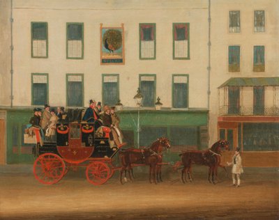 Die London-Manchester Postkutsche, „der Peveril of the Peak,“ vor dem Peacock Inn, Islington von James Pollard