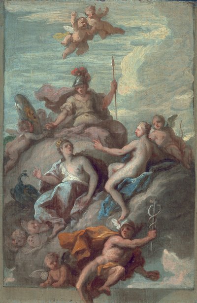 Juno, Minerva und Venus schicken Merkur mit dem Apfel der Zwietracht, um 1718 von James Thornhill