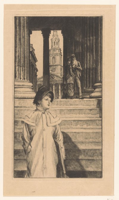 Junge Frau geht die Treppen der National Gallery in London hinunter von James Tissot