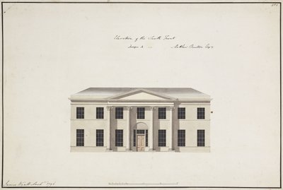 Soho House: Plan des Erdgeschosses; Plan des Schlafzimmers; Ansicht der Südfront, Entwurf A, Ansicht der Südfront, Entwurf B, und Ansicht der Nordfront, 1796 von James Wyatt