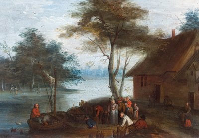 Flusslandschaft mit Figuren, die in Boote steigen von Jan (follower of) Brueghel