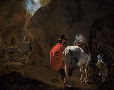 Ein Herr mit einem grauen Pferd in einer höhlenartigen Landschaft von Jan Asselijn