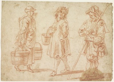 Drei Skizzen einer Frau mit Joch, Mann mit Eimer und einem Pilger von Jan Baptist Lambrechts