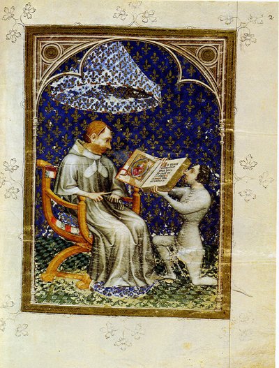Jean de Vaudetar überreicht sein Geschenk eines Buches an Karl V. von Frankreich. Aus der Bible historiale von Jean de Vaudetar, 1372 von Jan Bondol