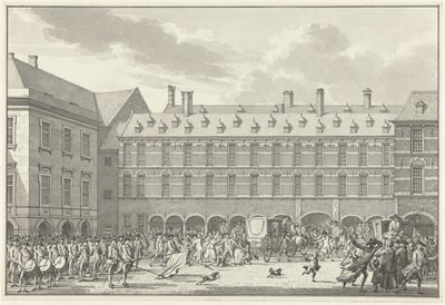 Unruhen, als die Abgeordneten von Dordrecht durch das Stadhouderspoort am Binnenhof fahren, 1786 von Jan Bulthuis