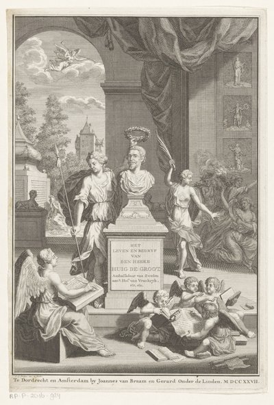 Büste von Hugo de Groot, gekrönt von Victoria von Jan Caspar Philips