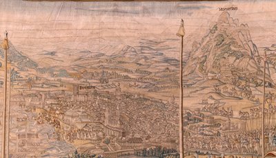Flämischer Wandteppich. Serie Die Eroberung von Tunis; Truppeninspektion in Barcelona (La revista de las tropas en Barcelona). Zweiter Wandteppich in der Serie. Modell Jan Vermeyen und Pieter Coecke van Aelst. 1543-1548. Herstellung Real Fábrica de Tapices von Jan Cornelisz Vermeyen