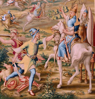 Flämischer Wandteppich. Serie Die Eroberung von Tunis. Der Angriff auf La Goleta. Vierter Wandteppich der Serie. Modell Jan Vermeyen und Pieter Coecke van Aelst. 1543-1548. Herstellung Real Fábrica de Tapices de Santa Bárbara, Madrid. von Jan Cornelisz Vermeyen