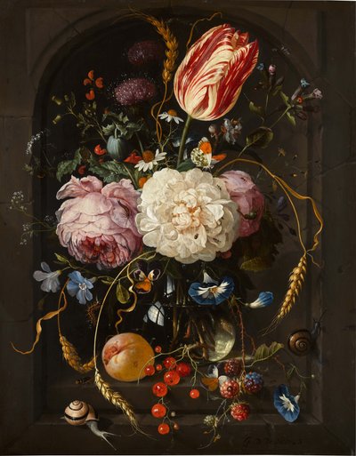 Stillleben von Blumen in einer Glasvase mit Insekten und Früchten in einer Steinnische von Jan Davidsz. de Heem