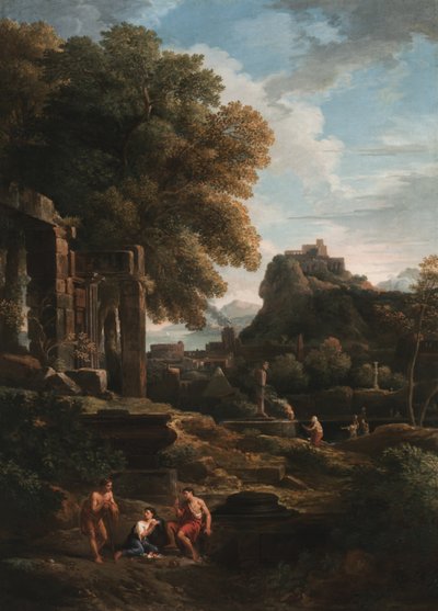 Eine klassische Landschaft mit Figuren im Vordergrund, Ruinen links und eine Figur in der Mitte, die ein Opfer darbringt von Jan Frans van Bloemen