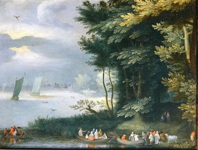 Ufer eines Sees mit Figuren, die in Ruderboote einsteigen von Jan Frans van Bredael
