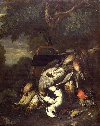 Tote Moorhühner, Specht, Ente und andere tote Vögel in einer bewaldeten Landschaft von Jan Fyt