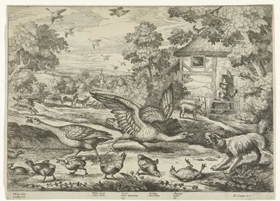 Landschaft mit zwei Gänsen, die ihre Jungen verteidigen von Jan Griffier (I)