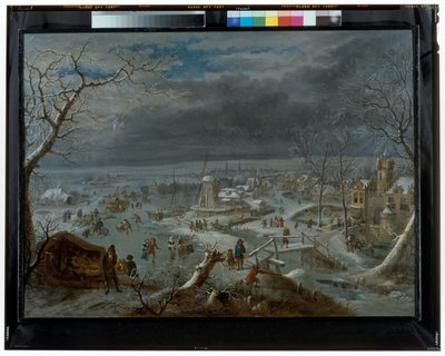 Winterlandschaft mit Schlittschuhläufern auf einem gefrorenen Teich bei einem Dorf von Jan Griffier