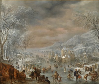 Winterlandschaft mit Schlittschuhläufern, Kirche und Dorf am Ufer eines Flusses von Jan Griffier
