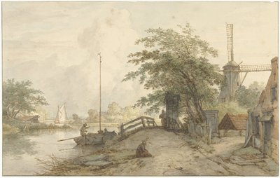 Landschaft mit Brücke und Haus an einem Weg entlang eines Wassers von Jan Hulswit