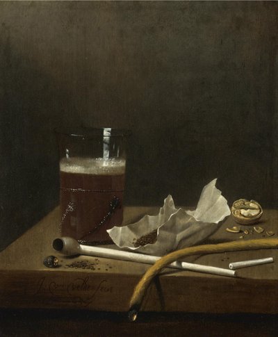 Stillleben mit einem Glas Bier, einer Pfeife, Tabak und anderen Rauchutensilien, 1658 von Jan III van de Velde
