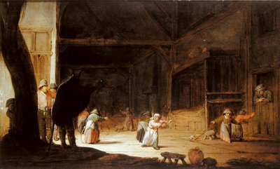 Ein Maskierter erschreckt Kinder in einer Scheune von Jan Jansz van Buesem