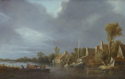Ein Dorf an einem Fluss mit Bauern und Vieh auf einer Fähre von Jan Josephsz van Goyen