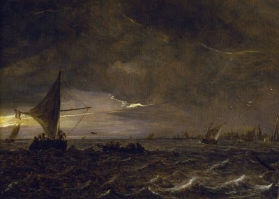 Fischerboote in einer Flussmündung bei Dämmerung, mit Blick auf eine Stadt und ihren Glockenturm am Horizont von Jan Josephsz van Goyen
