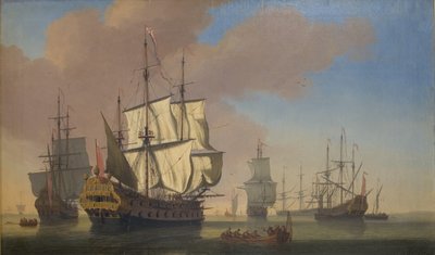 Englische Kriegsschiffe in einer Reede bei ruhigem Wetter von Jan Karel Donatus van Beecq