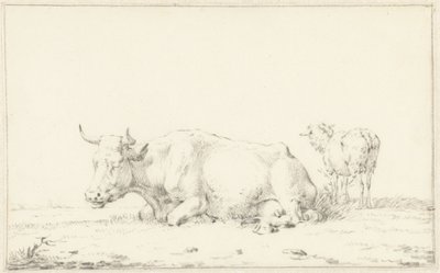 Liegende Kuh nach links und rechts ein Schaf von Jan Kobell (II)