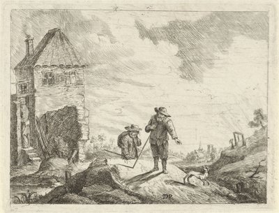 Zwei Bauern mit einem Hund auf einem Feldweg von Jan Lauwryn Krafft (I) (possibly)