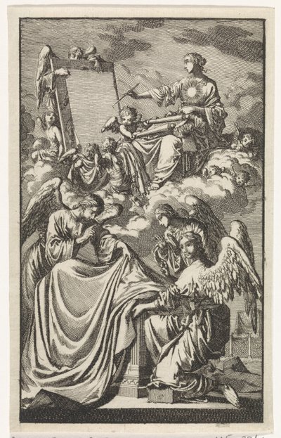 Allegorische Frauenfigur beschreibt in den Wolken ein Paneel von Jan Luyken