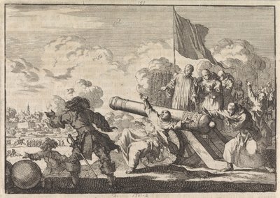 Belagerung von Groningen, bei der eine Kanone von sechs Mönchen gesegnet wird, 1672 von Jan Luyken