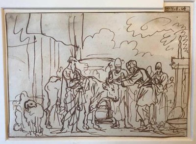Der Stier wird für das Sündopfer präsentiert, Aaron und seine Söhne legen ihre Hände auf seinen Kopf (Lev. 8,14) von Jan Luyken