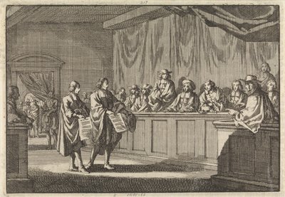 Reformierte Prediger Gilly und Courdil lesen auf der Synode in Sorges eine Erklärung vor, dass sie zur katholischen Kirche übertreten, 3. Juni 1683 von Jan Luyken