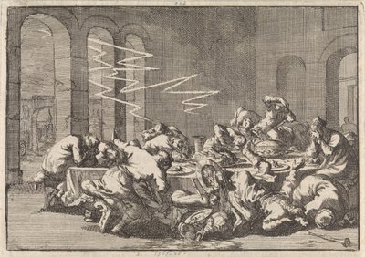 Im polnischen Dorf Perzyn sterben 23 Menschen durch einen Blitzschlag während eines Taufmahls, 1676 von Jan Luyken