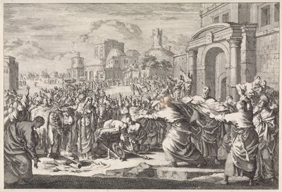 Einwohner von Lystra wollen den beiden Aposteln Rinder opfern von Jan Luyken