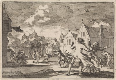 Dorfbewohner bei Schloss Luchow in Lüneburg werden von einem Wirbelsturm überrascht, bei dem die Vögel tot vom Himmel fallen, 1671 von Jan Luyken