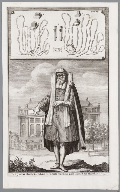 Jüdischer Mann, gekleidet zum Gebet. Im Hintergrund die Portugiesische Synagoge von Amsterdam von Jan Luyken