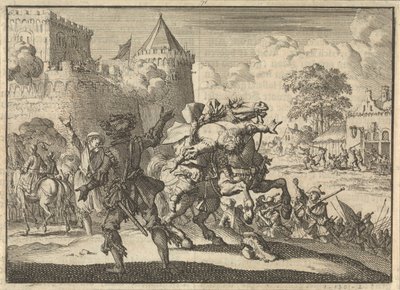 Kaiserlicher Befehlshaber Dampier fällt vom Pferd nach einem Schuss von den Mauern von Presburg (Bratislava), 1620 von Jan Luyken