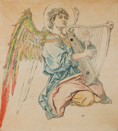 Kartons für die Polychromie der Marienkirche - Figur eines Engels, der auf einer Laute spielt von Jan Matejko