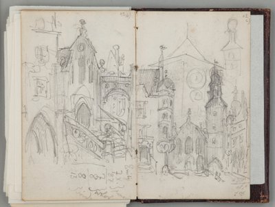 Münchner Skizzenbuch von Jan Matejko. Einseitige Zeichnung. Vorderseite: Studie des alten Marienplatzes in München und Turmstudie. von Jan Matejko