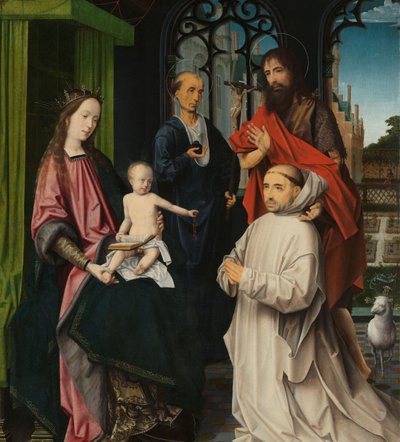 Thronende Madonna mit den Heiligen Hieronymus und Johannes dem Täufer und einem knienden Kartäusermönch von Jan Provoost (attributed to)